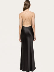 Black satin halter neck gown on a white background