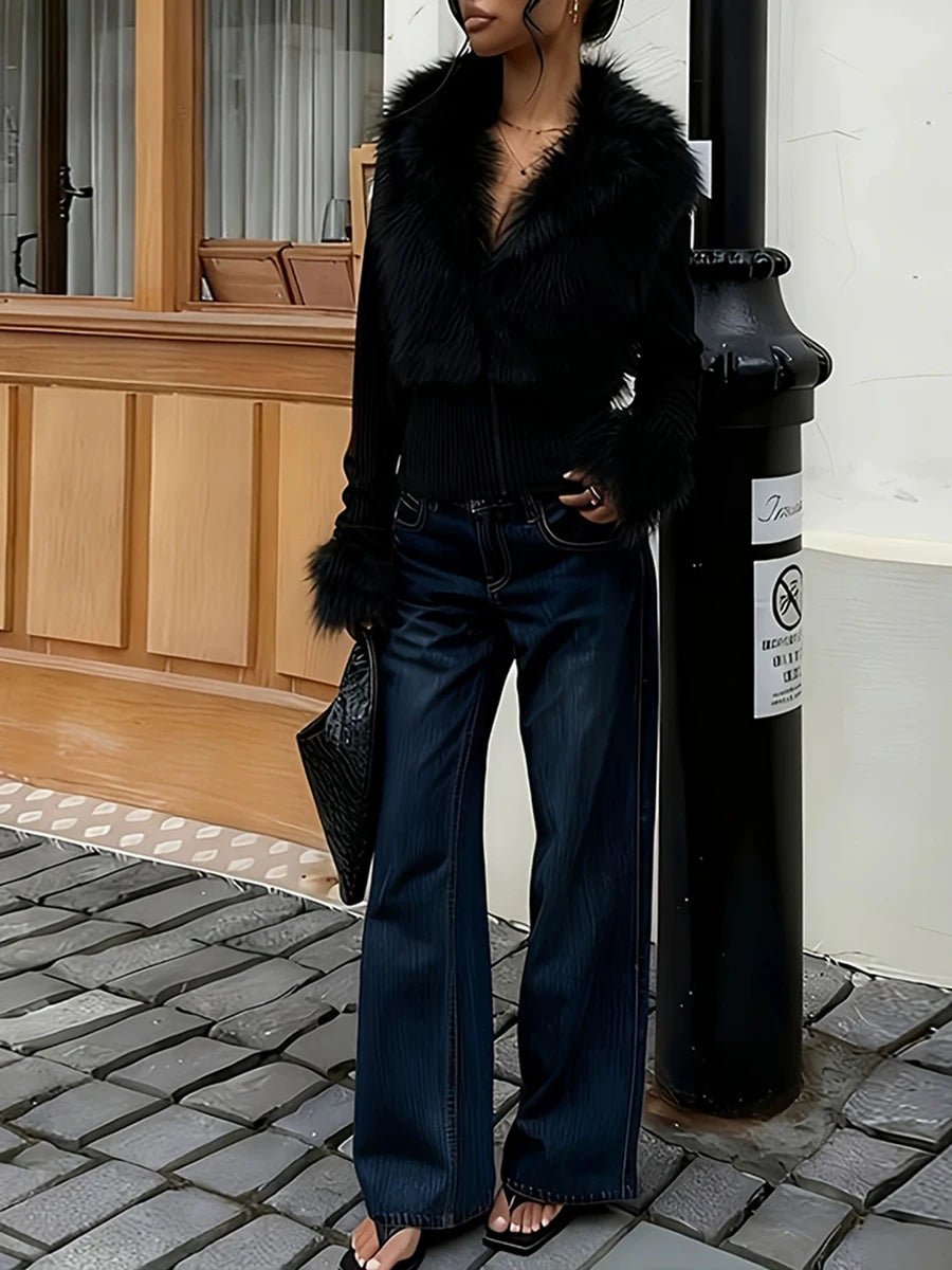 Black faux fur trimmed jacket with jeans