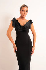 Draped Satin Cowl Bow Shoulder Maxi Dress