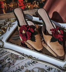 Red 3D Flower Low Heels Soft Mules Women's Pump Shoes