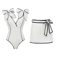 Off-the-Shoulder Bow Swimsuit with Contrast Trim Two-Piece Set