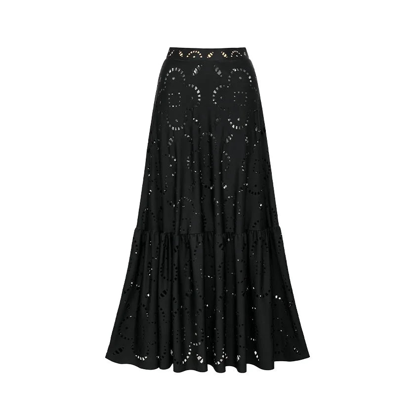 Black tiered maxi skirt with laser-cut floral pattern