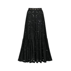Black tiered maxi skirt with laser-cut floral pattern