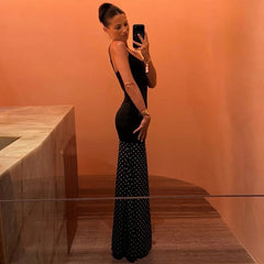 Black Polka Dot Mesh Hem Maxi Dress