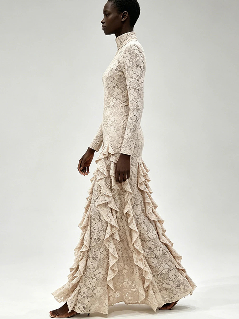 Lace turtleneck long sleeve ruffled maxi dress side view