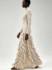 Lace turtleneck long sleeve ruffled maxi dress side view