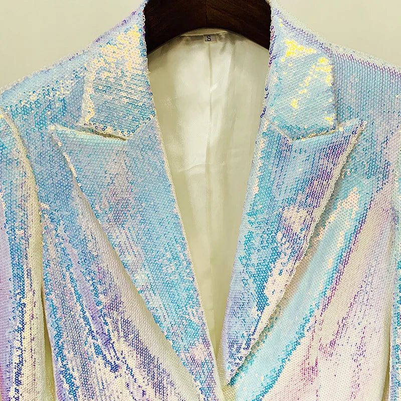 Multicolored sequin jacket on a mannequin against a neutral background