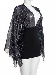 Black Polka Dot Deep Neck Flare Sleeve Mini Dress