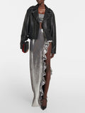 Women's Silver Sequins Strapless Top Ruffle Side Split Long Skirt Set
