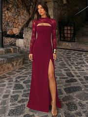 Mock Neck Lace Sheer Long Sleeve Maxi Dress