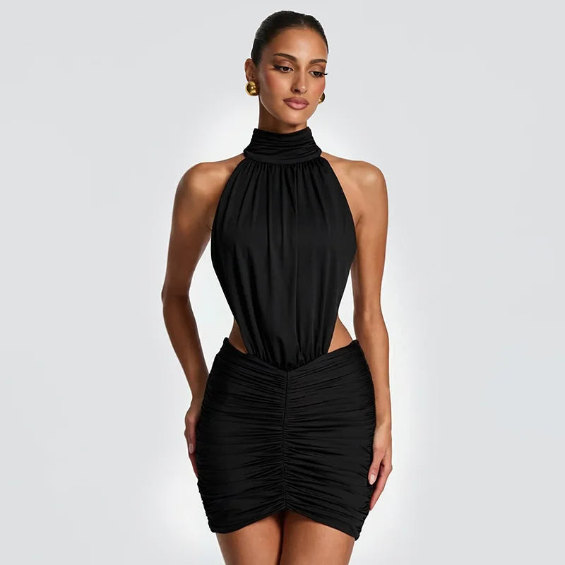Halter neck ruched mini dress in black