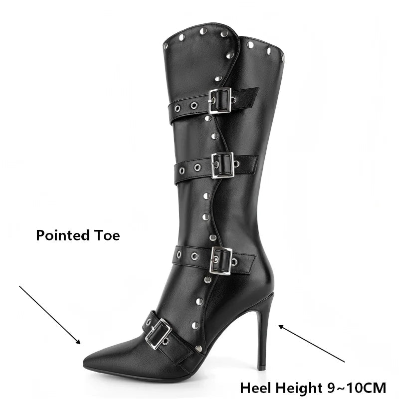 Pointed toe buckle strap stiletto boots with measurement indicators