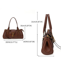 Brown PU leather tote bag with dimensions displayed