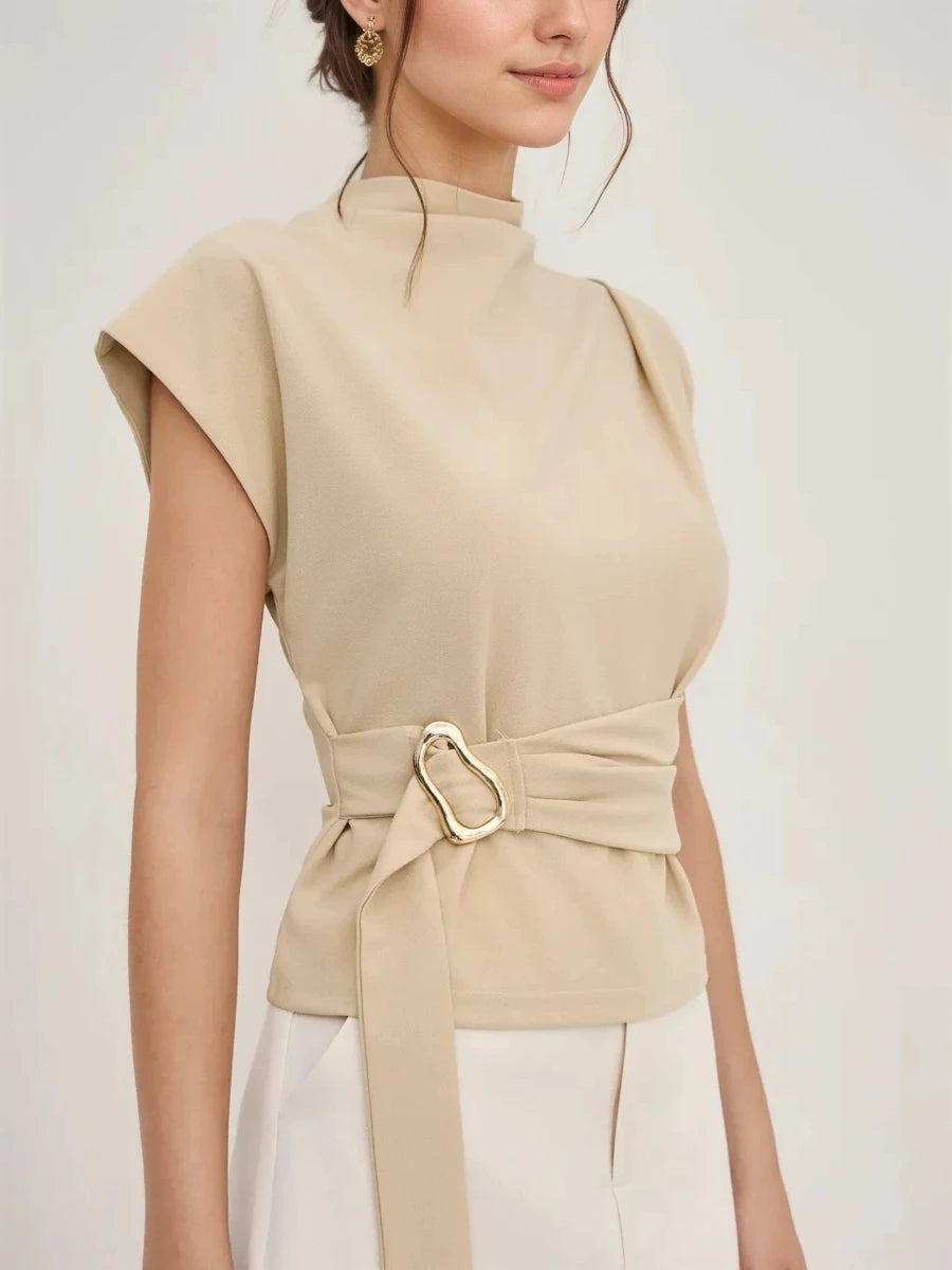 Mock neck sleeveless top with integrated belt