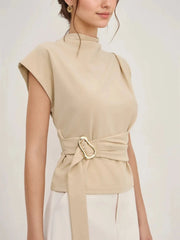 Mock neck sleeveless top with integrated belt