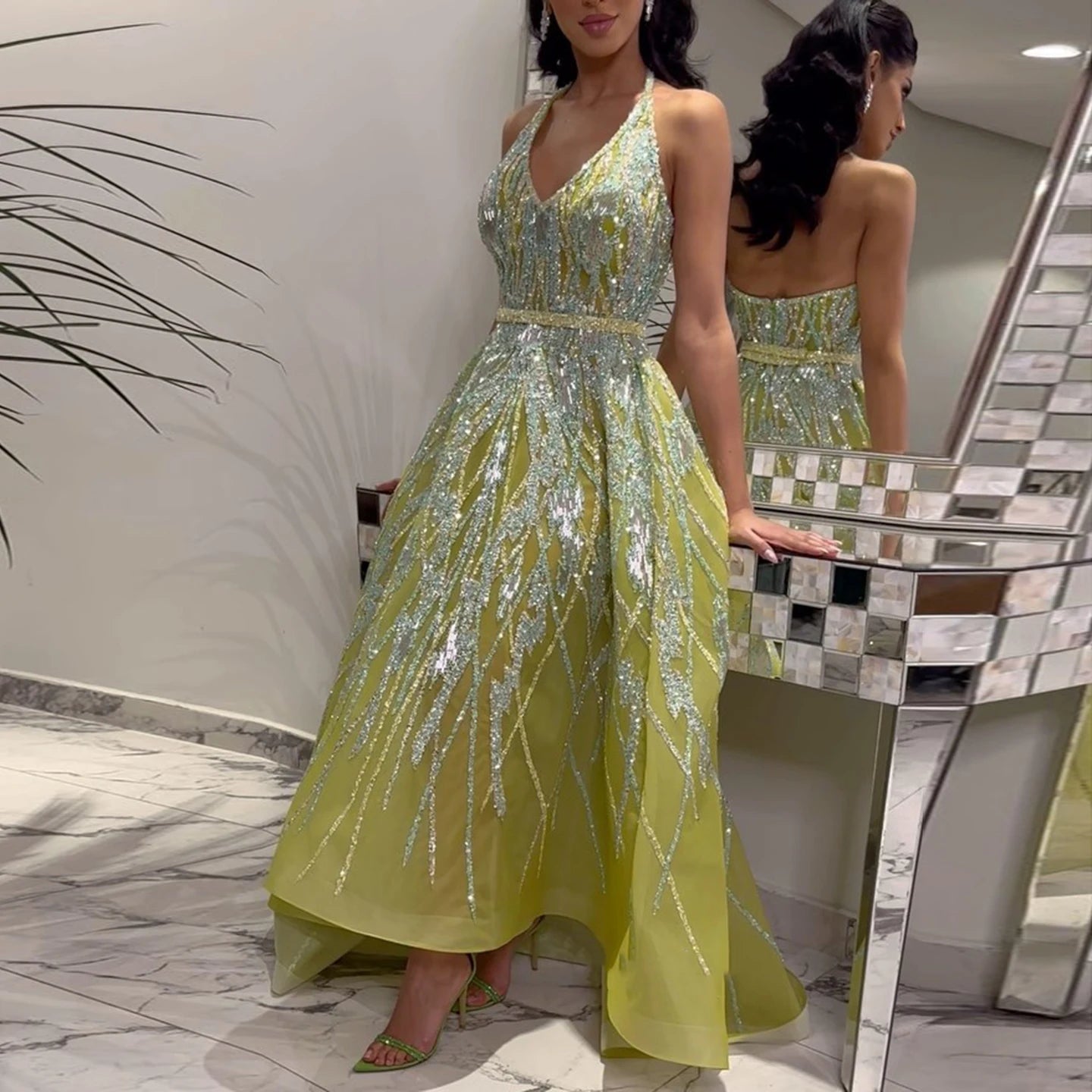 Lemon Green Arabic Evening Dresses with Halter High Low Dubai Women Wedding Party Gowns  Golden Atelier 1