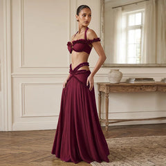 Halter Ruffle Crop Top and Cutout Maxi Skirt