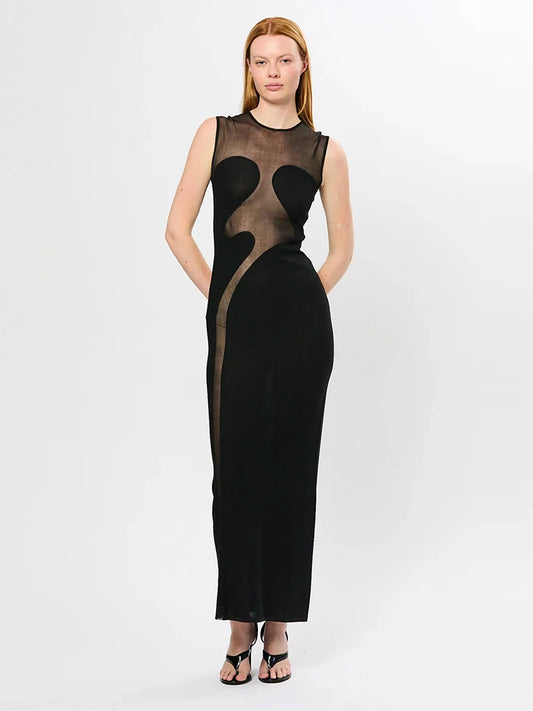 Sheer patchwork illusion dress, sleeveless design