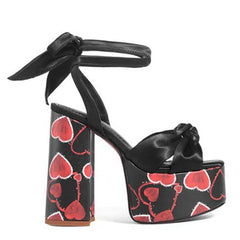 Floral Platform Bow Ankle Strap Heels
