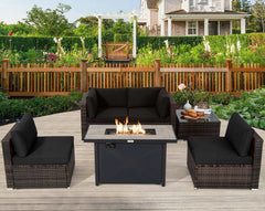 6PCS Patio Furniture Set Rattan Cushioned Sofa Gas Fire Pit Table Black