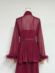 Round Collar Bow Neck Long Sleeve Pleated Maxi Dress