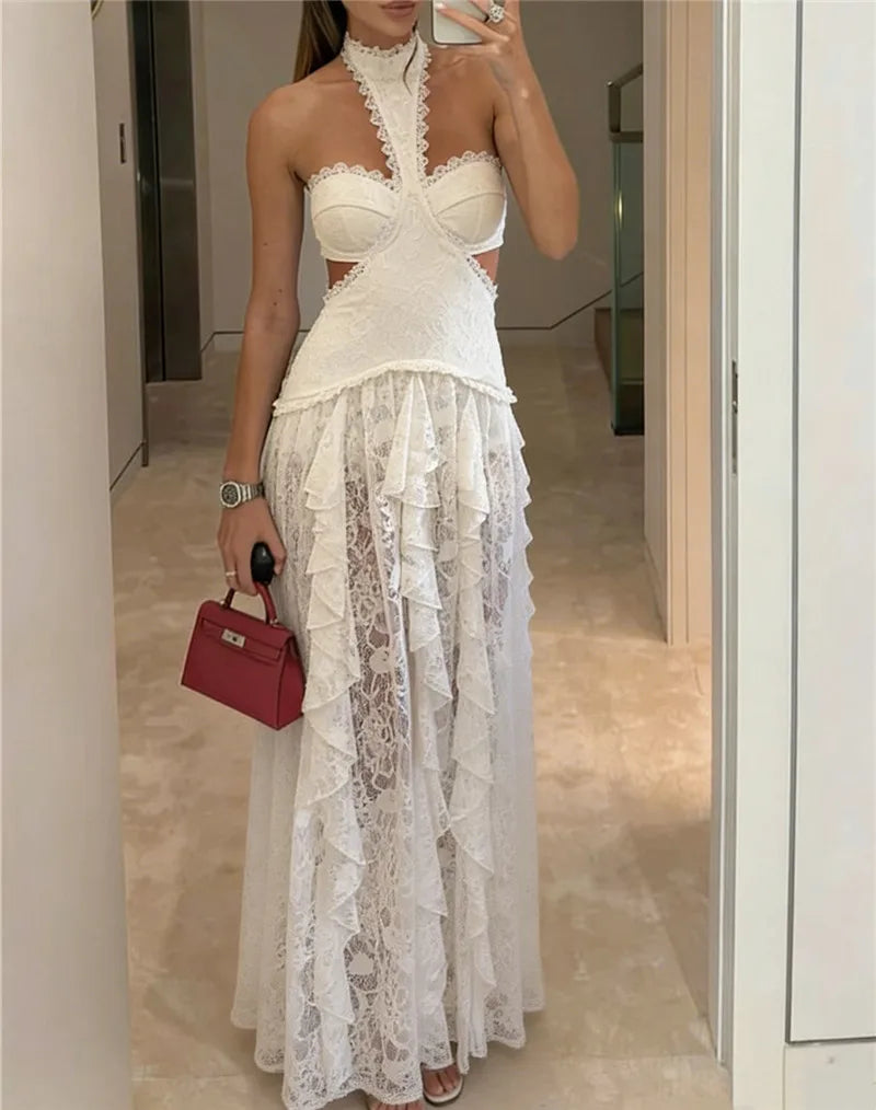 White lace halter neck maxi gown with tiered ruffles and cutout details