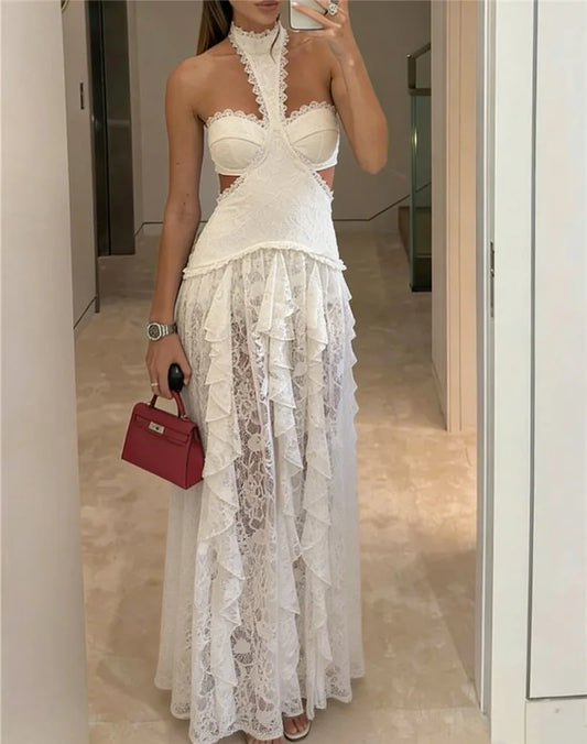 White lace halter neck maxi gown with tiered ruffles and cutout details