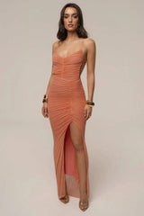 Ruched High Slit Spaghetti Strap Maxi Dress