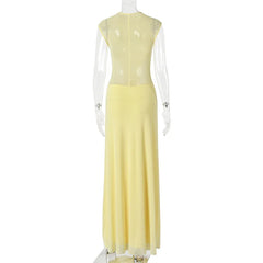 Mock Neck Draped See-Through Double-Layer Maxi Dress