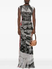 Sleeveless maxi dress with a graphic kitty print and red trim