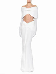 Draped Off-Shoulder Metal Detail Crop Top and Maxi Skirt Set