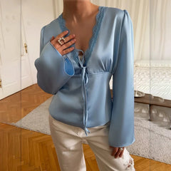 Satin Lace Trim Tie-Front Blouse with Bell Sleeves