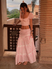 Striped ruffle crop top and maxi skirt set