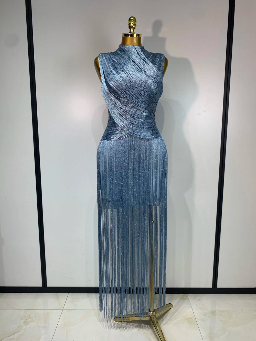 Sky blue fringe turtleneck dress