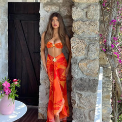 Printed mesh maxi skirt with a coordinating bikini top and bottom