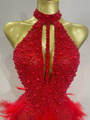 Beaded Feather Halter Sequin Mini Dress