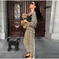 Striped Long Sleeve Mesh Ankle Length Dress