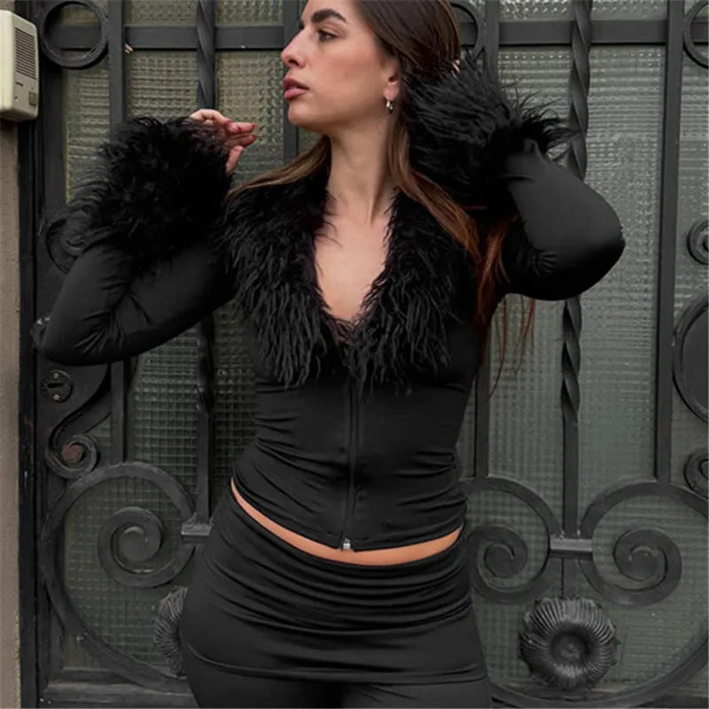 Faux fur trimmed cropped jacket with V-neck and zip front
