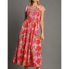 Pink floral print smocked square neck maxi dress with pink tie shoulder straps.