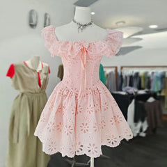 Off-the-Shoulder Ruffled Eyelet Mini Dress
