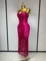 Ruched spaghetti strap tassel hem midi dress side view
