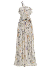 One-Shoulder Ruffled Print Asymmetrical Neckline Sleeveless Ankle-Length Dress