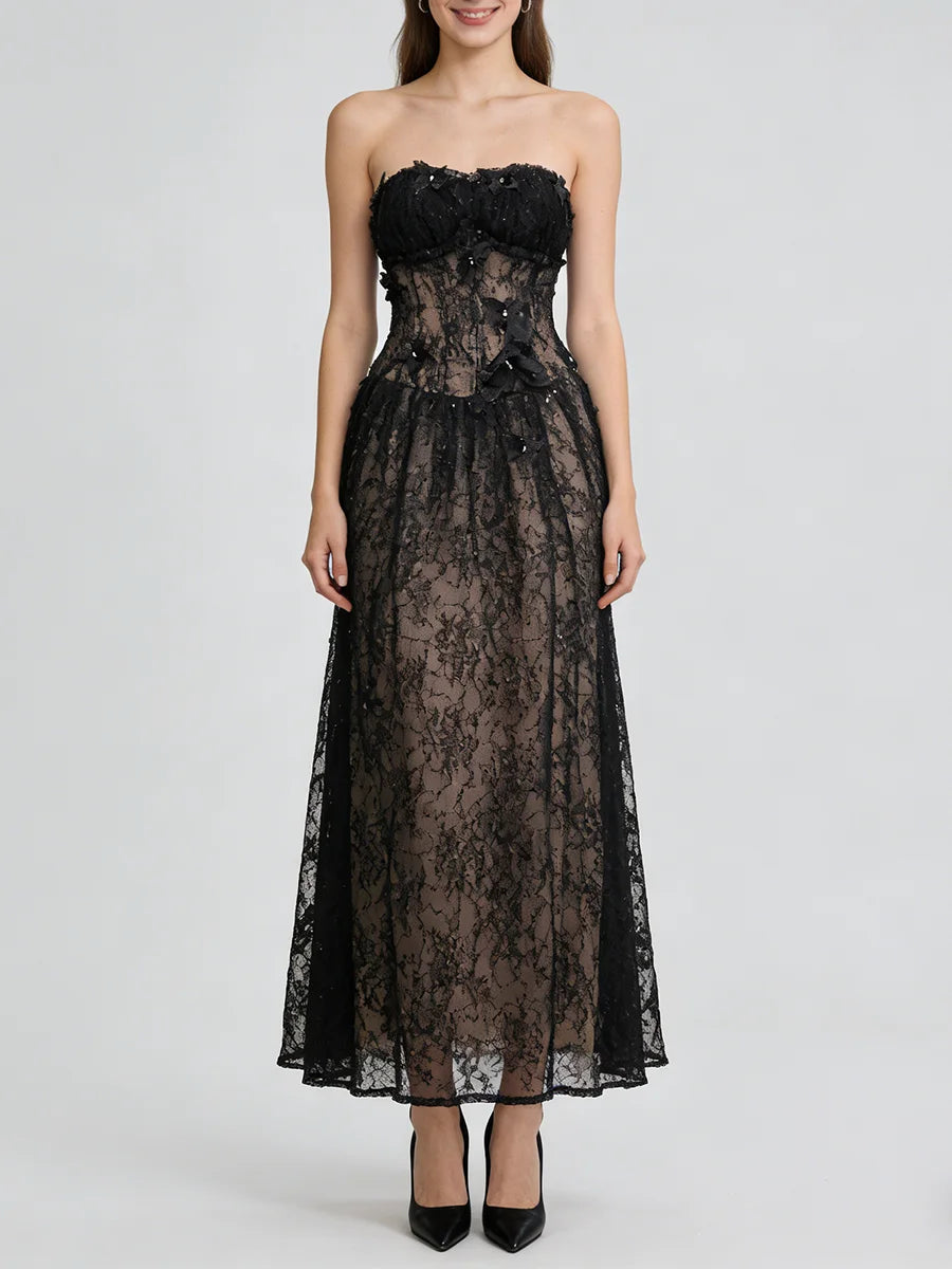 Black lace strapless dress on a white background