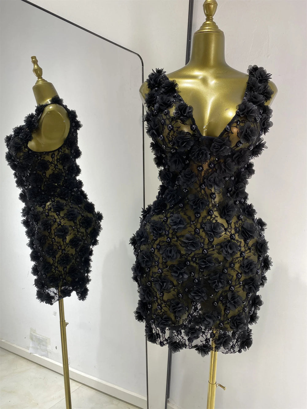 Black floral appliqué V-neck mini dress