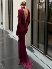 Turtleneck Backless Draped Maxi Dress