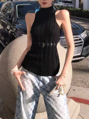 Black Striped Stand Neck Belted Vest Top