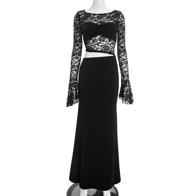 Black lace long-sleeve top and skirt set on a mannequin against a white background