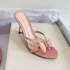 Bow Accent Heeled Slide Sandals