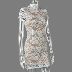 Lace Short Sleeve Turtleneck Bodycon Mini Dress
