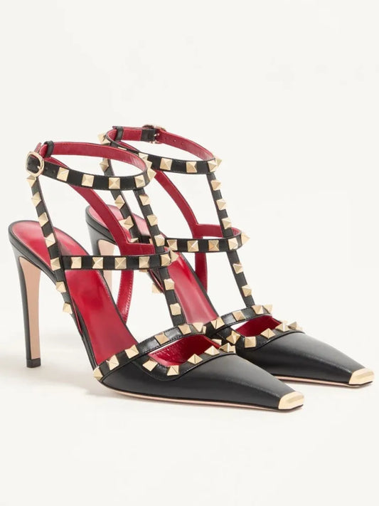 Black riveted square toe stiletto heels
